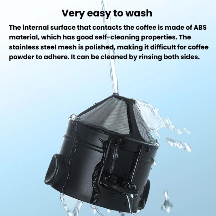 Black coffee filter cup with mesh cone being rinsed with water
