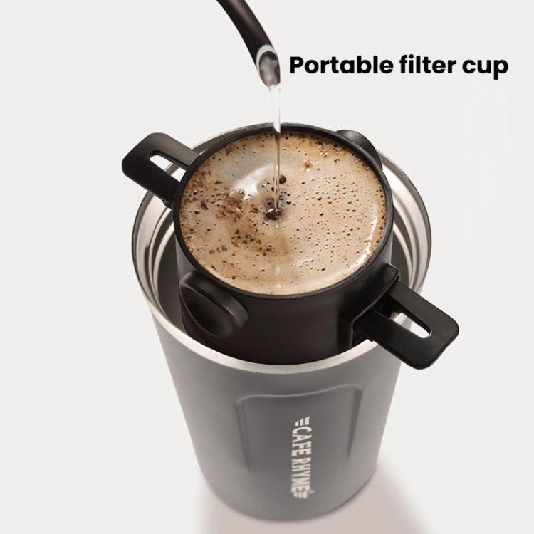 Black portable filter cup with pour opening and cup handle