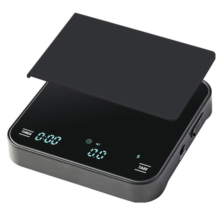 Black smart electronic kitchen scale with digital display, timer, and tare buttons