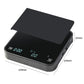 Black electronic kitchen scale with digital display, tare and timer buttons