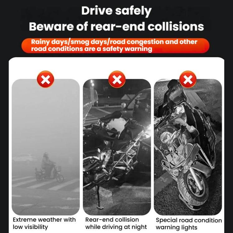 Motorcycle safety scenes featuring rear-end collision warning light use