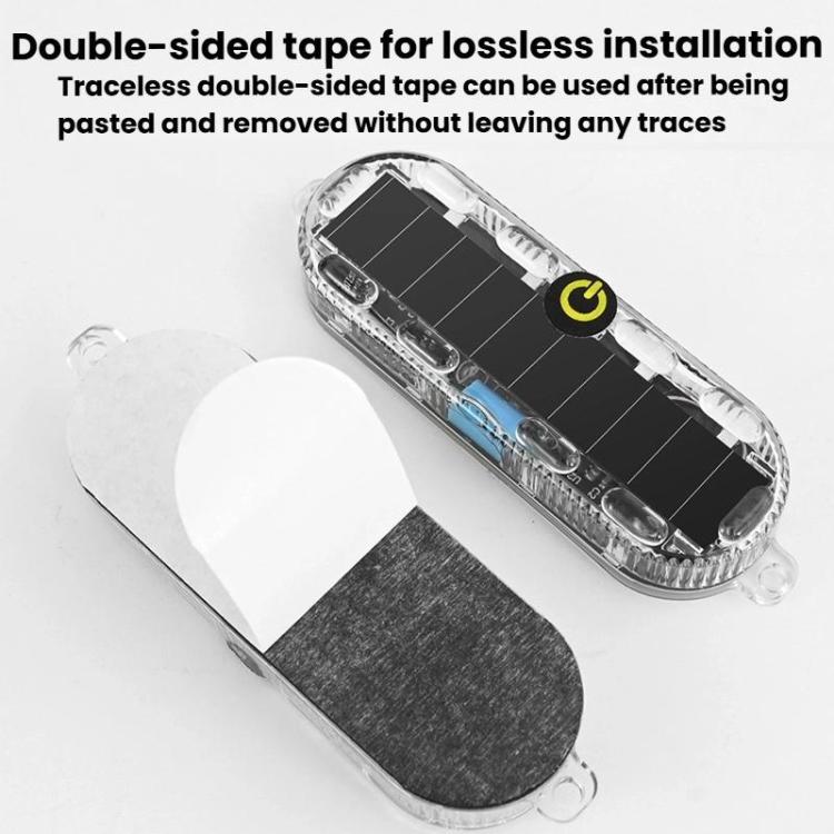 Solar LED warning light bar with double-sided tape shown for attachment