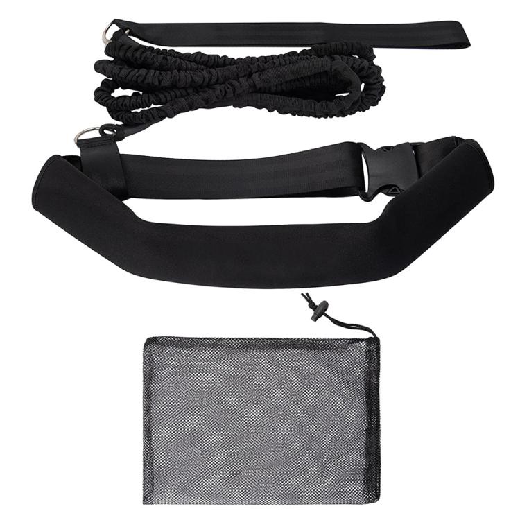 Black swimming strength training belt with black elastic cords and mesh storage bag