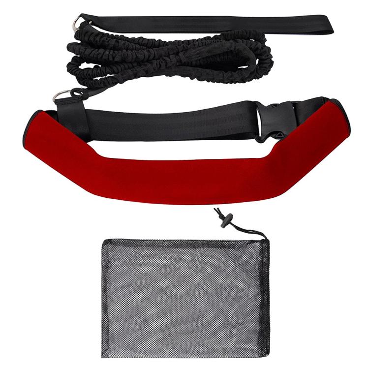 Red swimming strength training belt with black elastic cords and mesh storage bag