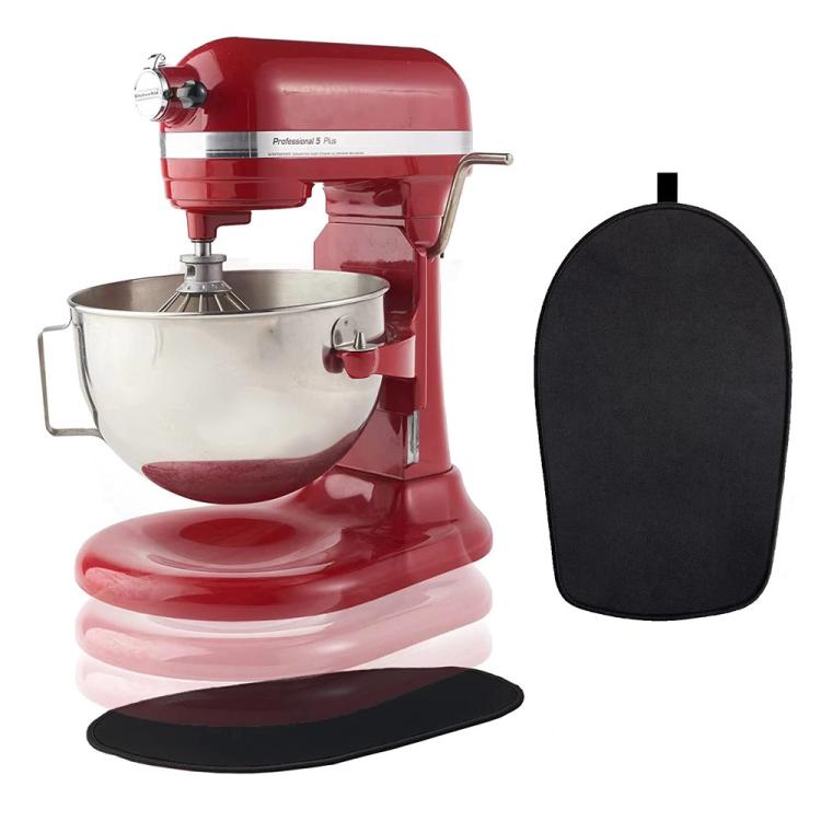 Black oval non-slip blender base mat shown beside a stand mixer