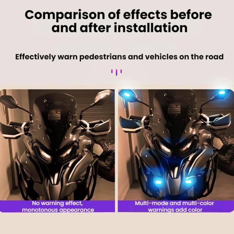 Motorcycle LED warning lights with blue flashing accents before and after installation