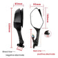 Black rearview mirror housing with mounting arm; sizing view and blade outline