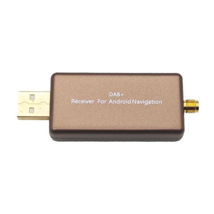DAB receiver adapter with USB connector and SMA antenna port, brown