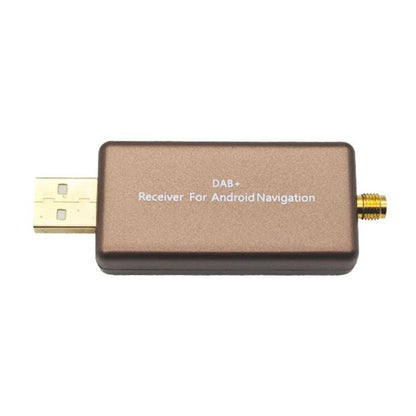 DAB receiver adapter with USB connector and SMA antenna port, brown