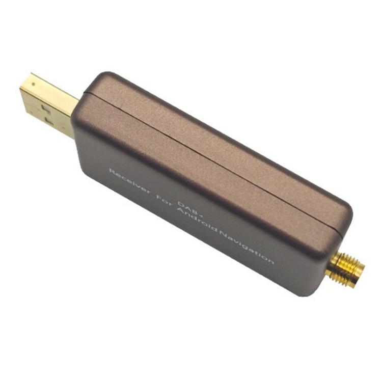 Compact DAB receiver adapter with USB plug and gold SMA connector, brown