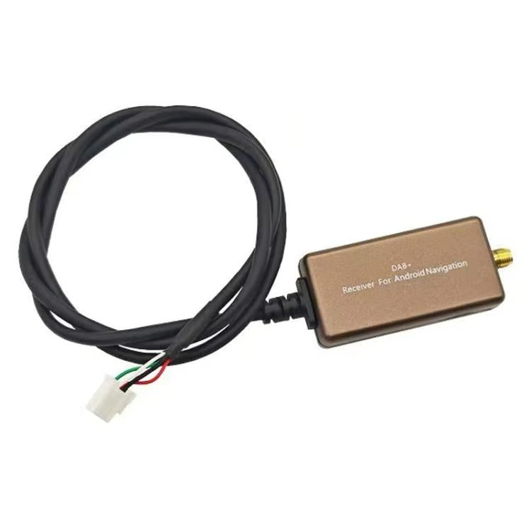 DAB receiver adapter with black USB cable and small brown box, gold SMA