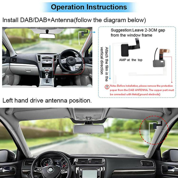 DAB antenna installation diagram with car interior showing left-hand drive placement