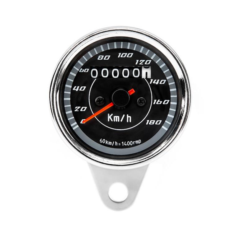 Motorcycle speedometer gauge with chrome bezel, black dial, km/h scale and red needle