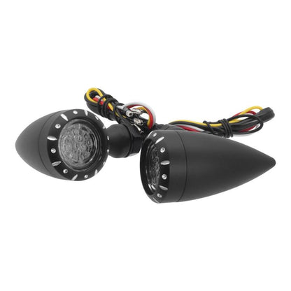 Black LED motorcycle turn signal light with round lens and attached wiring harness
