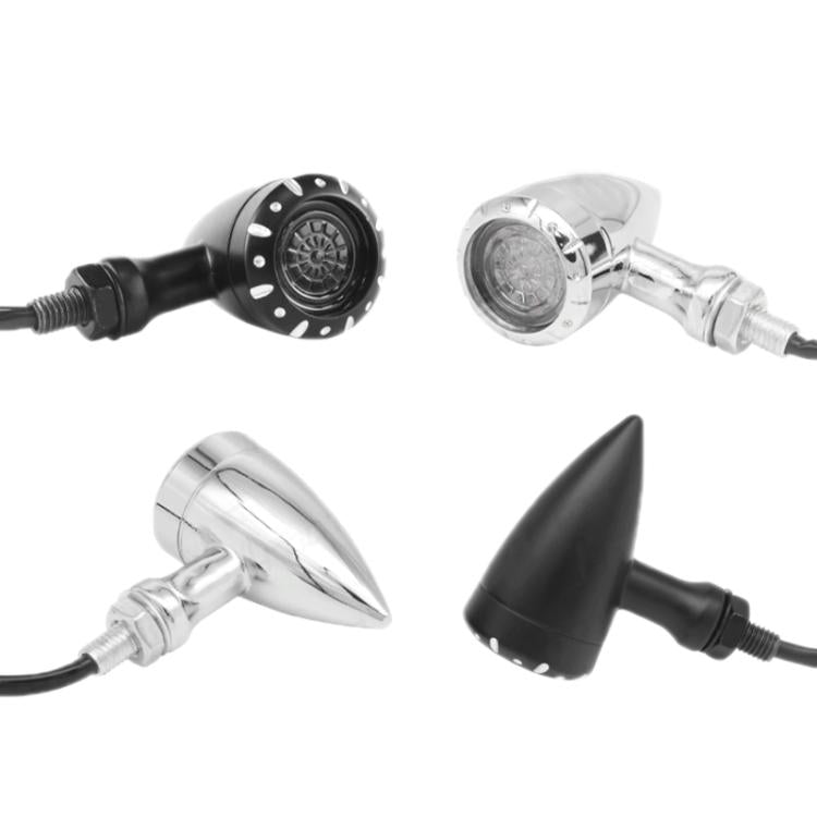 Set of LED motorcycle turn signal lights with black and chrome housings, round lenses