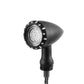 Black LED motorcycle turn signal light with round lens on curved bracket