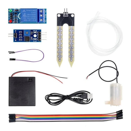 DIY soil moisture irrigation kit with water pump, wiring, sensor probes, and power module