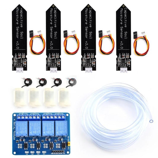 Automatic garden watering relay kit with four relay boards, valves, sensors, and tubing