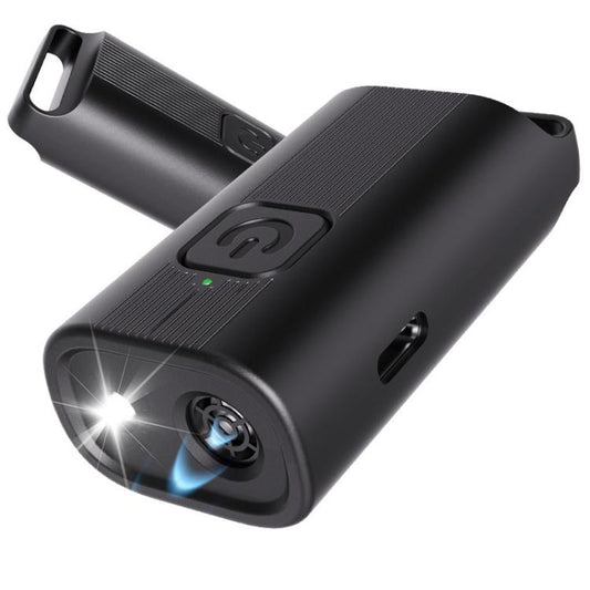Black handheld ultrasonic dog repeller with speaker grille and power button