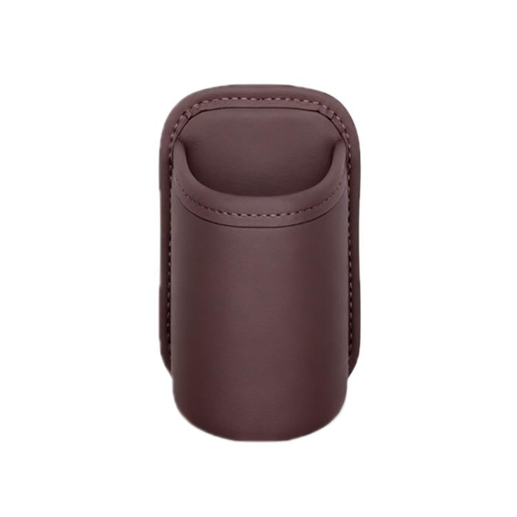 Brown car cup holder insert pouch with rounded top and stitched trim