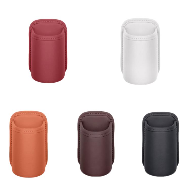 Car cup holder insert pouches shown in red, white, orange, brown, dark brown, and black