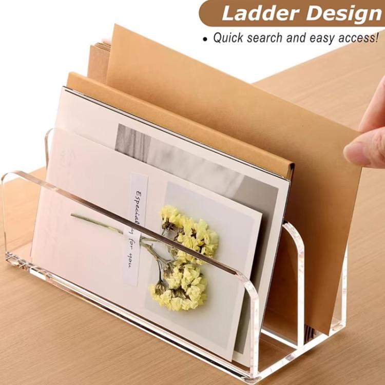 Clear acrylic desk file organizer holding stacked documents with open front