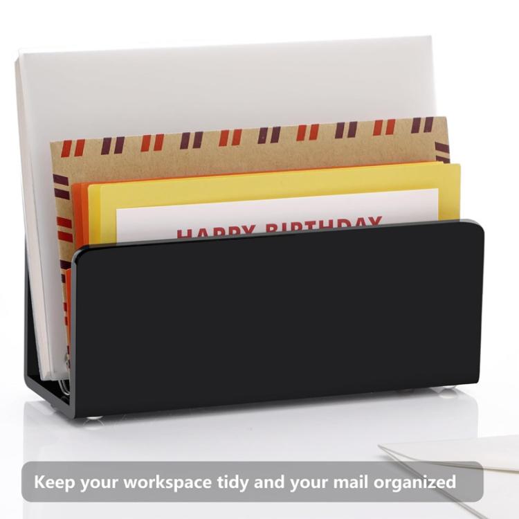 Black desktop mail organizer stand holding greeting cards and envelopes