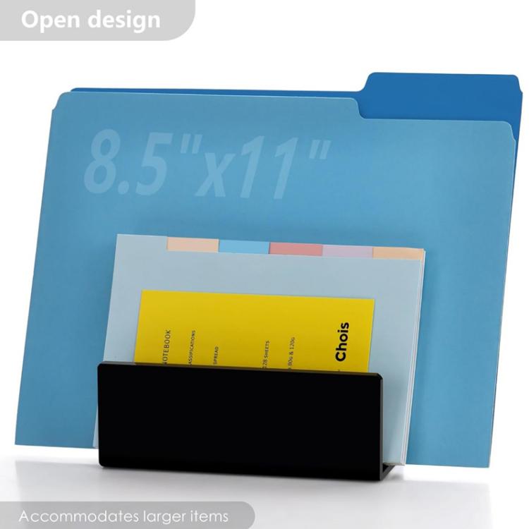 Blue desktop mail organizer stand with open design holding stacked envelopes