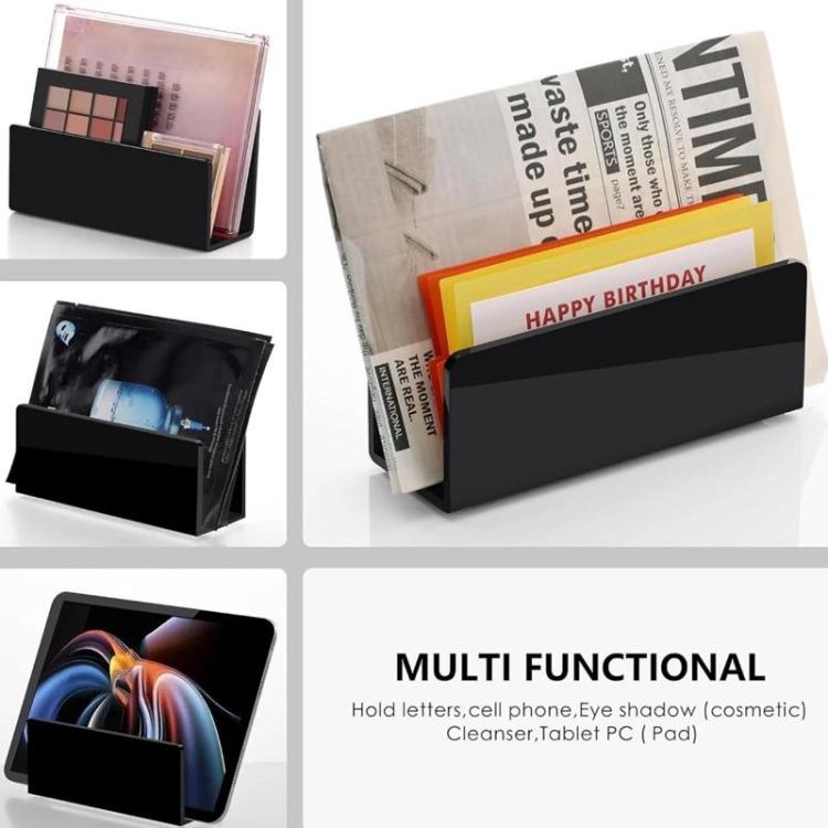 Black multiuse organizer stand holding mail, cell phone, and cosmetics, open front