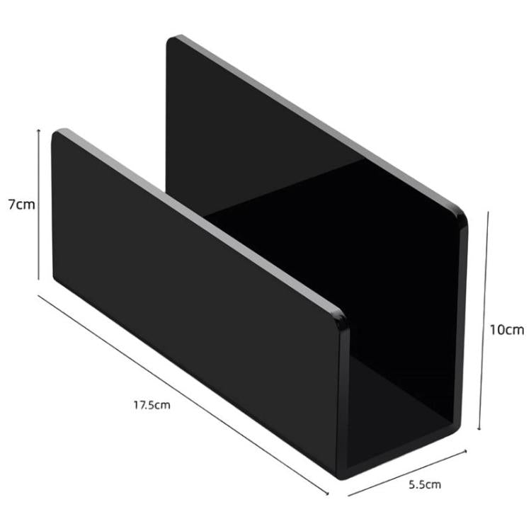 Black desktop mail organizer stand showing size measurements and open front