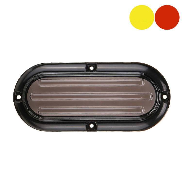 Dual-color flashing LED trailer taillight with clear oval lens and black frame