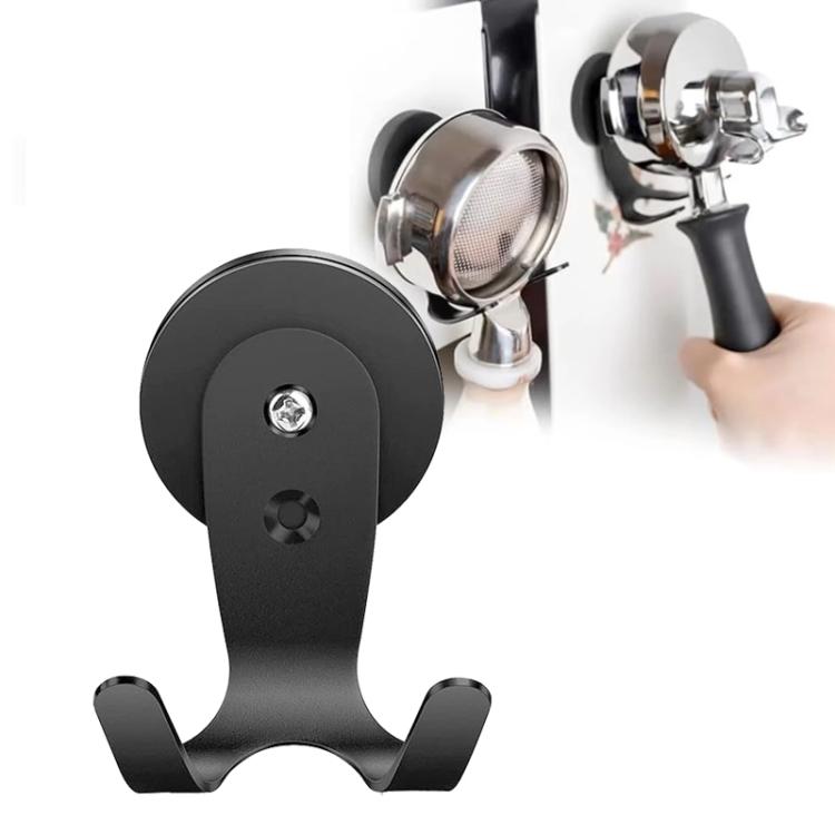 Black magnetic coffee tool hook with circular base and two-prong stand