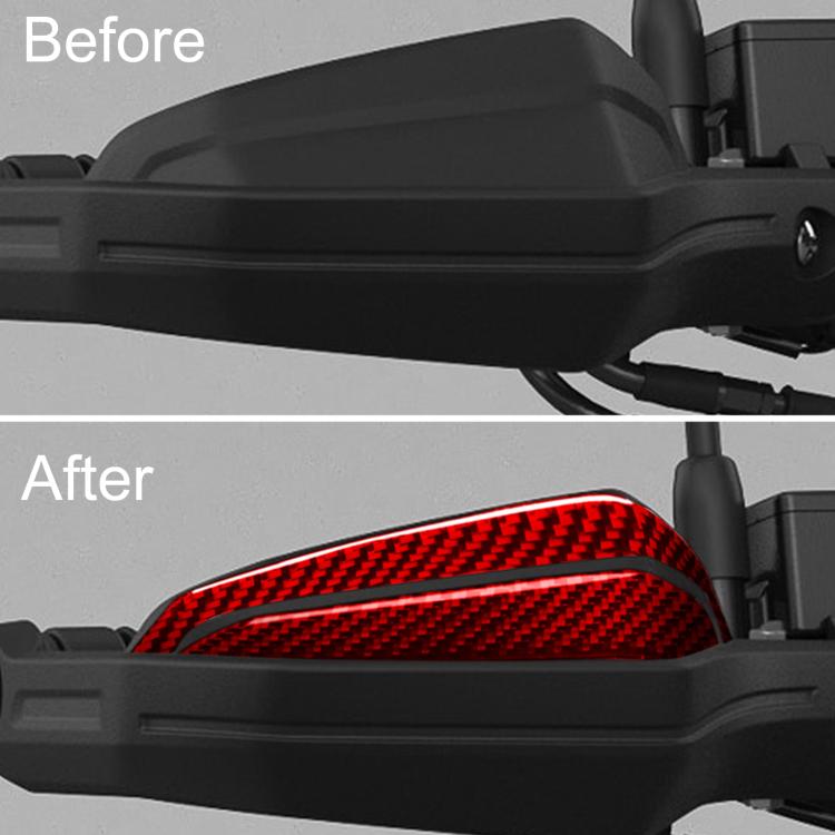 Handguard upper protector installed, red carbon-look insert on motorcycle fairing