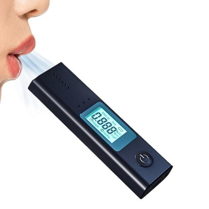 Black handheld breath alcohol tester with blue LCD screen and power button