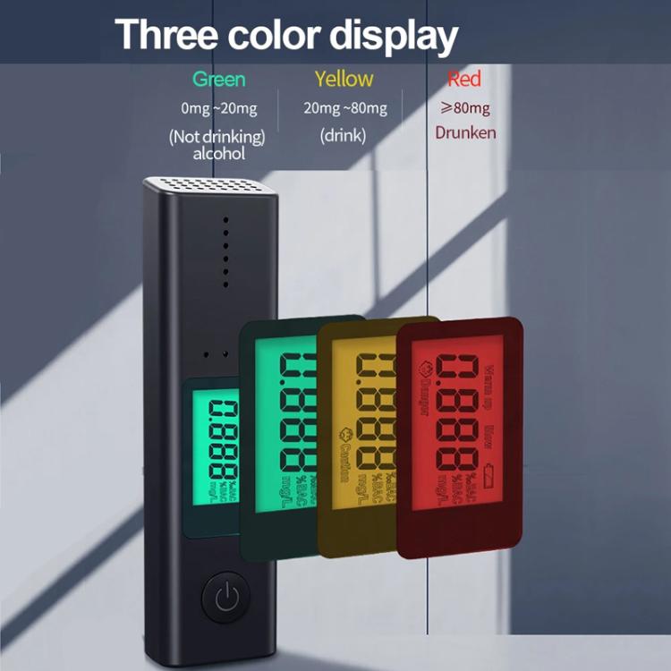 Breath alcohol tester showing green, yellow, and red LCD readings