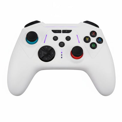 White wireless game controller with dual thumbsticks, ABXY buttons, and purple accents