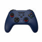 Blue wireless game controller with dual thumbsticks, ABXY buttons, and red trigger accents