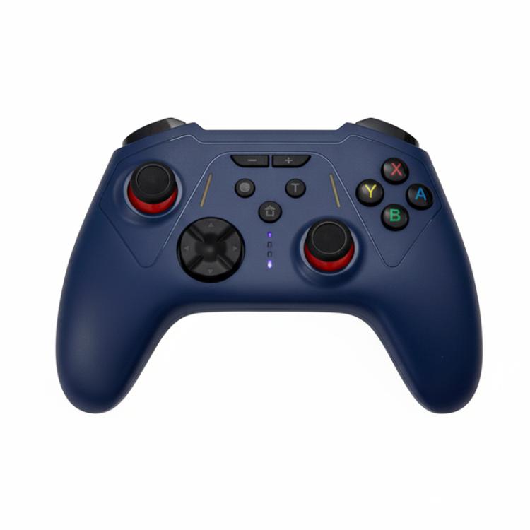 Blue wireless game controller with dual thumbsticks, ABXY buttons, and red trigger accents