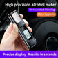 Handheld digital breathalyzer with screen and LED indicators, held in hand