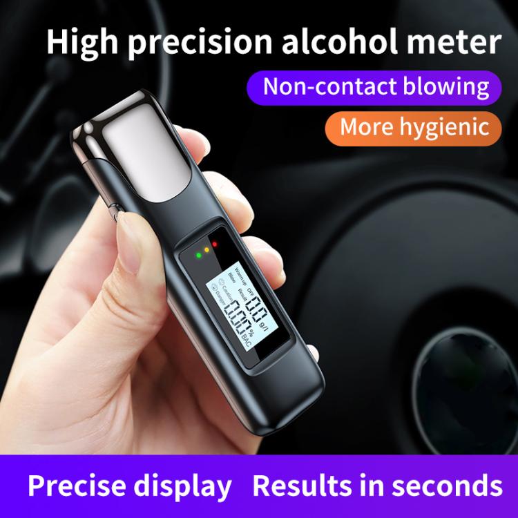 Handheld digital breathalyzer with screen and LED indicators, held in hand
