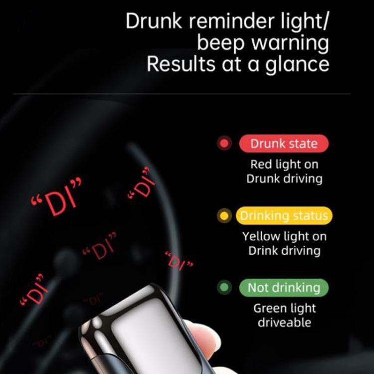 Digital breathalyzer with red, yellow, and green LED status lights for results