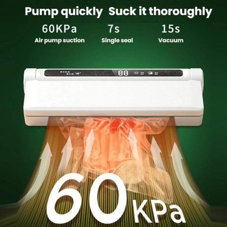 White vacuum sealer with bagging film underneath, pump action graphic behind