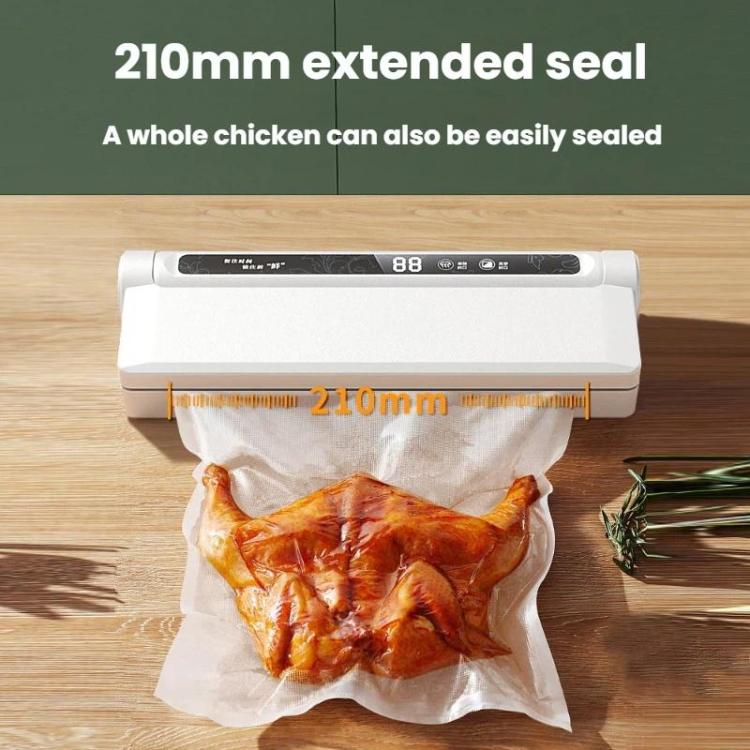 Vacuum packaging machine with extended seal closing a bagged whole chicken