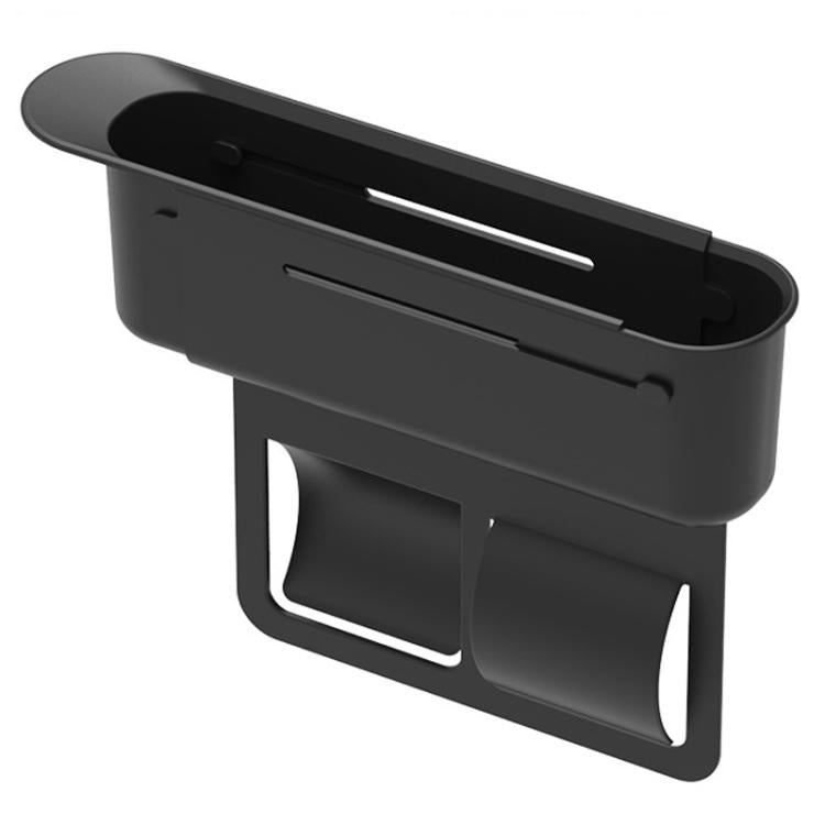 Black retractable car seat storage box with sliding top panel and open handle slots
