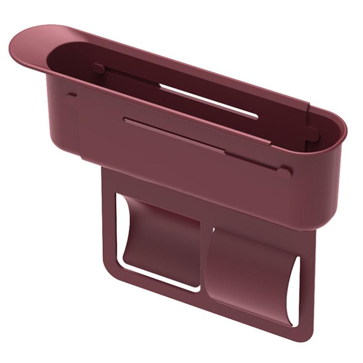 Red retractable car seat storage box with sliding top panel and open handle slots