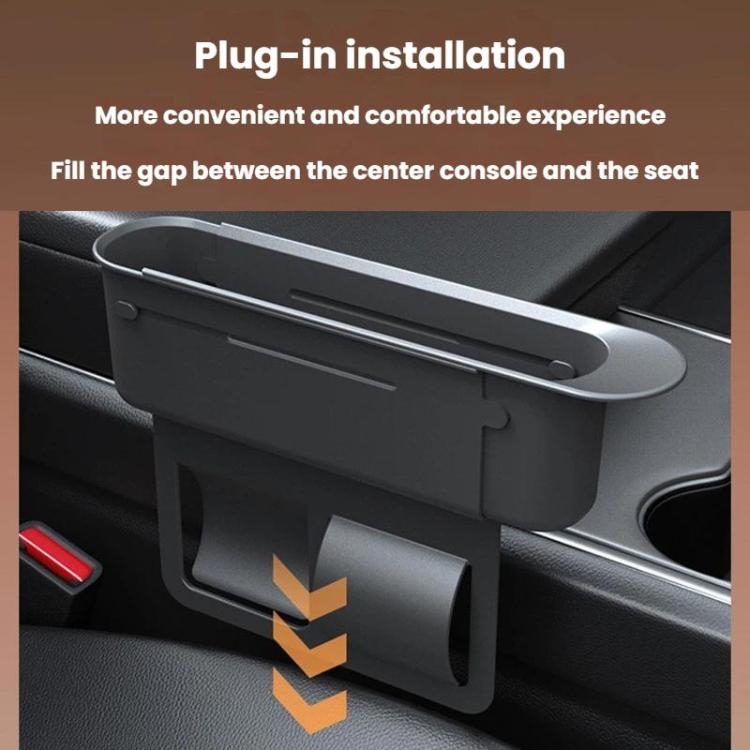 Black retractable in-car storage box installed at seat console gap