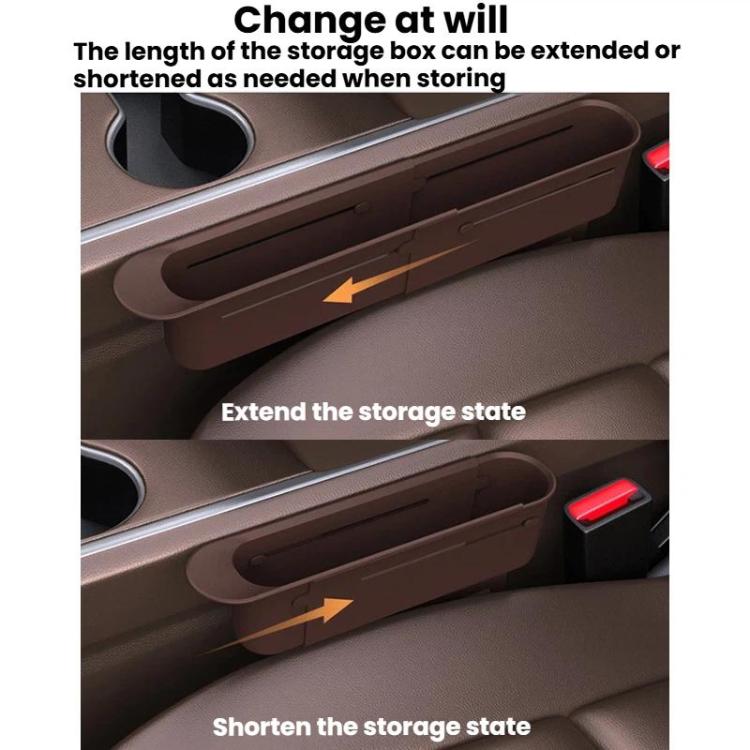 Retractable car seat storage box shown extended and shortened for flexible capacity