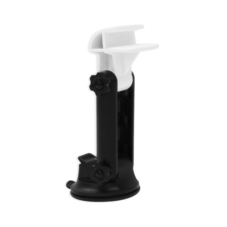 Car dashboard device mount with white top and black base, suction cup and adjustable arm