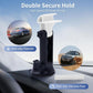 Car dashboard device mount with white top and black base, suction cup stand and angled holder