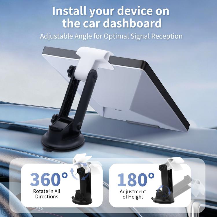 Car dashboard device mount with adjustable angle, white top and black suction base for device